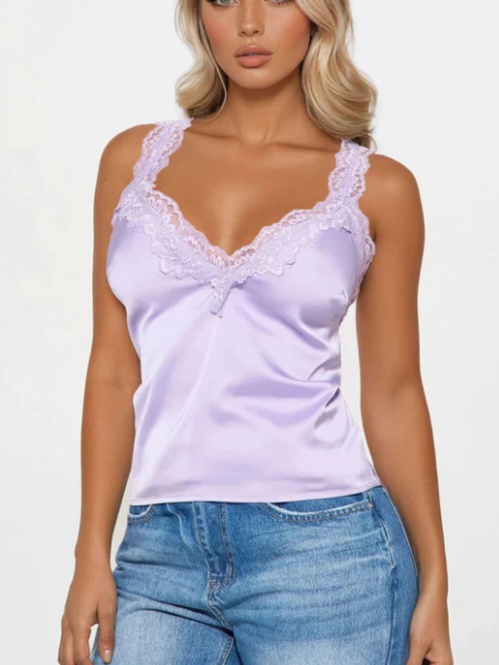 Fashion Nova Lavender Lace Trim Satin Cami